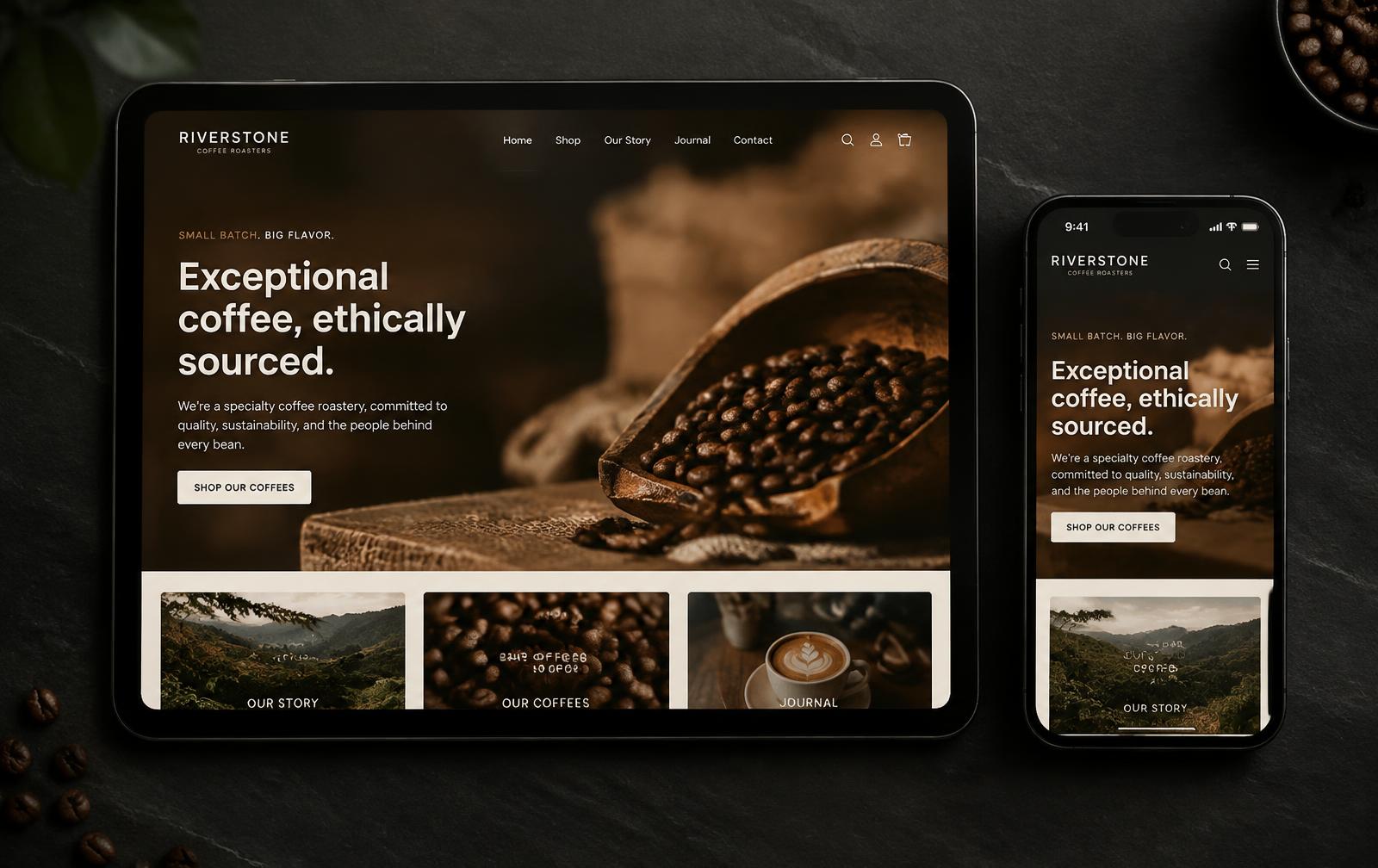 Riverstone Coffee website shown on desktop and mobile